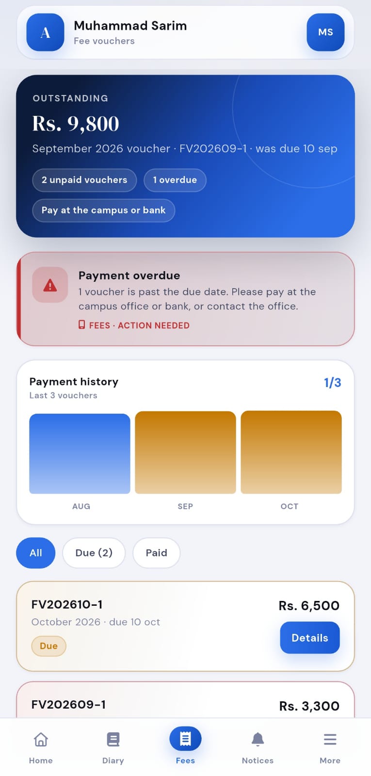 Fee vouchers and payment history