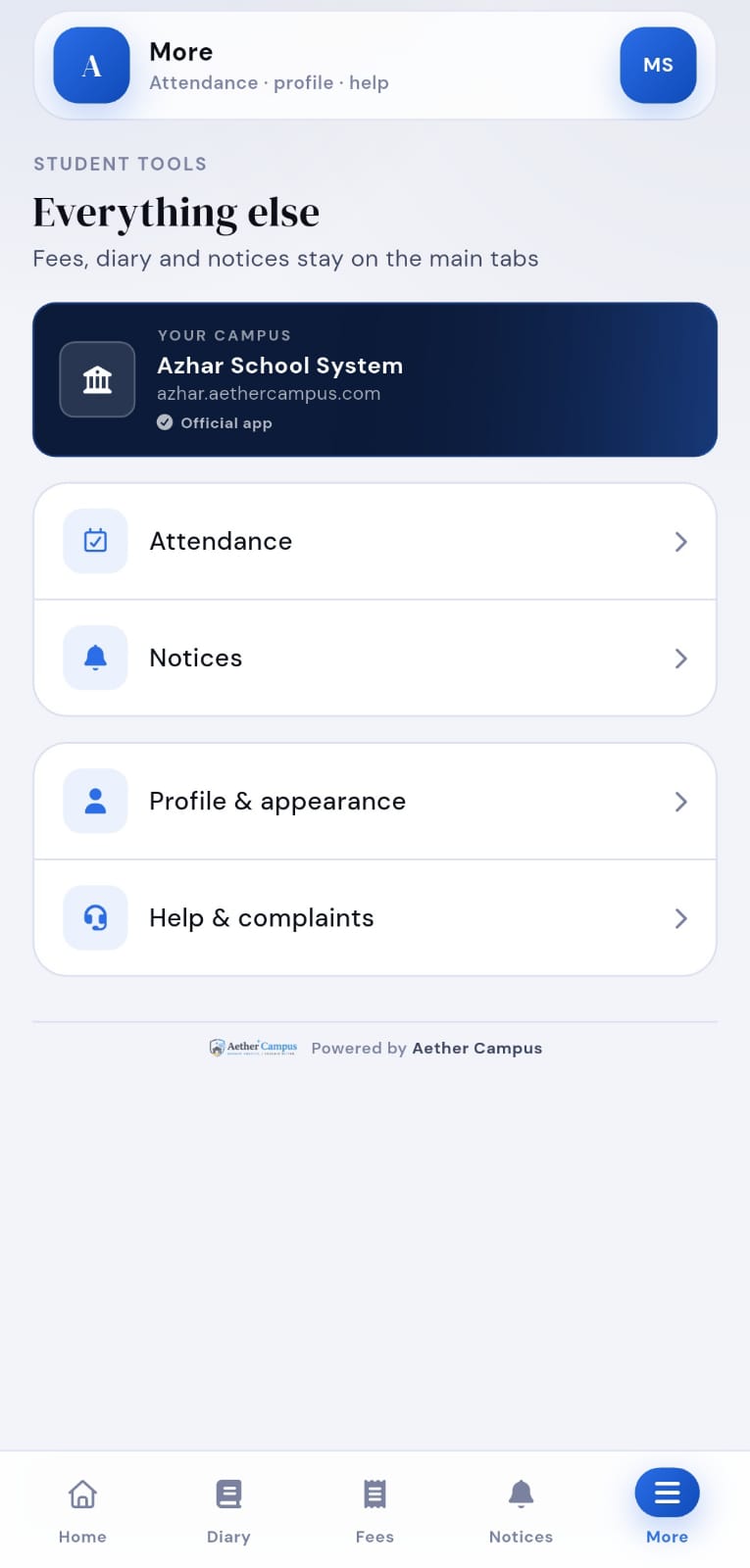 Attendance, profile, help and more